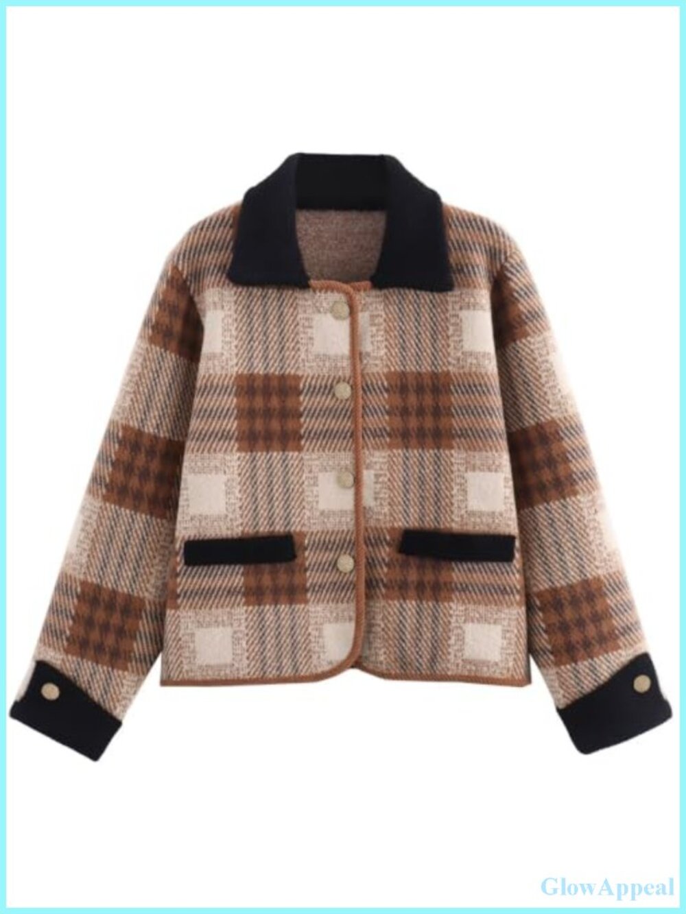 Vintage Plaid Long Sleeve Cardigan Sweater Coat with Pockets Women Knit Button